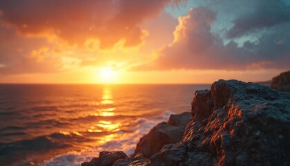 Obraz premium Dramatic sunset paints sky with fiery orange and yellow hues over calm ocean. Rocky cliff edge overlooks sea, reflecting golden sunlight. Peaceful coastal scene at dusk.