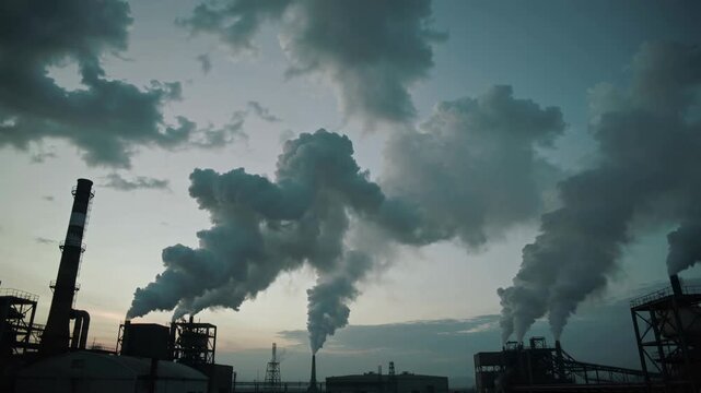A dramatic image depicting factory emissions rising into the sky, evoking a somber mood. Ideal for illustrating environmental concerns, industrial imp