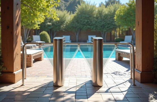 Modern turnstile entrance gate opens to sunny swimming pool area. Access control system with glass panels, metal railings guides visitors into leisure facility. Safety, security measures for public