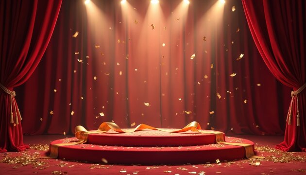 Empty stage with red velvet pedestal, gold ribbon, and falling confetti. Spotlights shine through red curtains, ready for an award ceremony or performance. Luxury event backdrop.