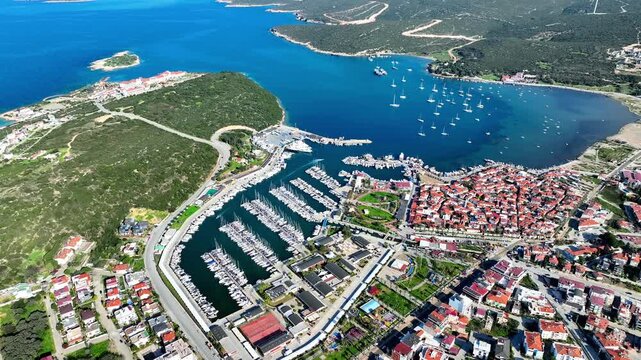 Aerial Drone View of Teos Marina and Sigacik Coastal Town in Izmir, Turkey &ndash; Aegean Sea Harbor and Scenic Village 4K