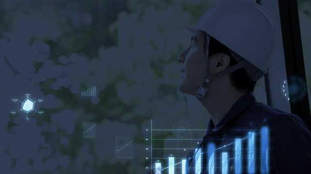 AIデータ分析を活用した工業のdx化　AIデータ分析を活用する現場作業員のDXビジネスシーン　作業着男性が指を差す動画　テクノロジーのモーショングラフィックス付き