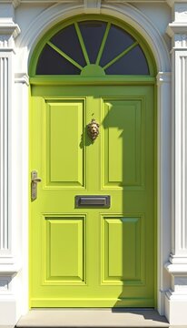 Classic lime green wooden front door with ornate lion head knocker and mail slot. Arched fanlight window above white architectural columns frame this house entrance.