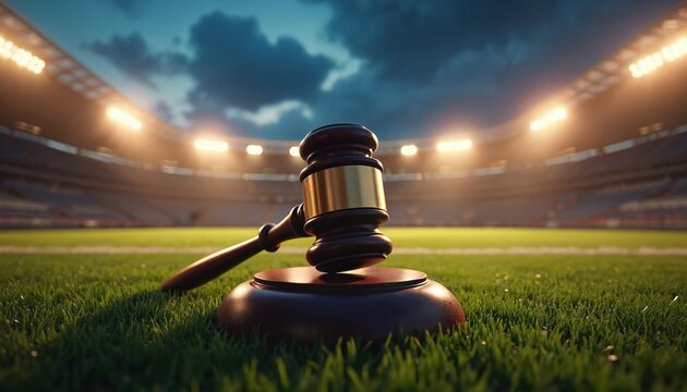 Gavel rests on green grass field in illuminated stadium at night. Law symbol placed on sports arena grass under dramatic sky lights. Justice and fair play concept.