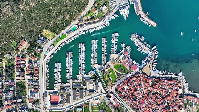 Aerial Drone View of Teos Marina and Sigacik Coastal Town in Izmir, Turkey &ndash; Aegean Sea Harbor and Scenic Village 4K