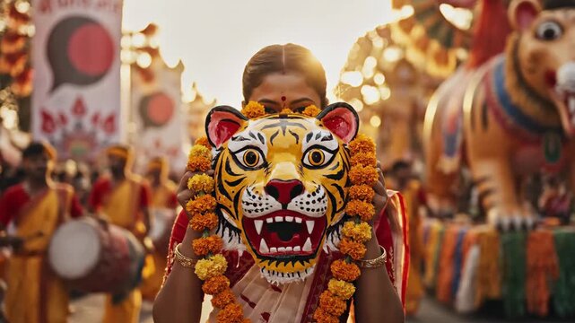 A bengali woman holds a vibrant tiger mask with marigold garlands during a festive pohela boishakh outdoor celebration.