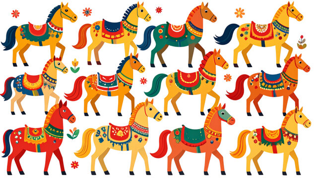 Decorative horse characters collection with ethnic patterns and colorful saddles for children design flat vector illustration