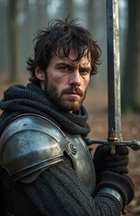 Obraz premium Man in metal armor holds sword outside in forest. Warrior with beard wears chainmail and helmet. Medieval fighter ready for battle. Serious face, focused gaze, strong stance.
