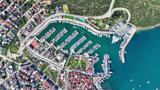 Aerial Drone View of Teos Marina and Sigacik Coastal Town in Izmir, Turkey &ndash; Aegean Sea Harbor and Scenic Village 4K