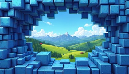 Fototapeta premium Blue cubes form abstract tunnel framing green hills and distant mountains under blue sky. Nature landscape visible through geometric digital portal. Rural scene has red car and trees.