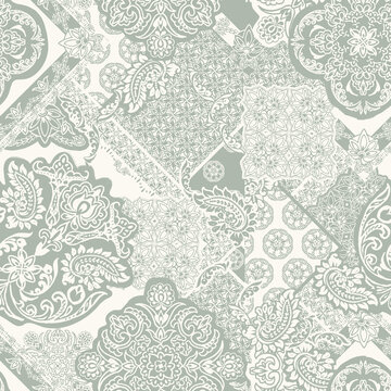 Vintage Bohemian Patchwork Seamless Pattern - White Paisley, Floral and Mandala Ornaments on Sage Green Background