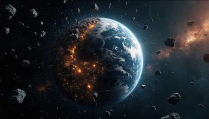 Fototapeta premium Earth planet breaks apart in deep space, asteroids fly around. One side shows bright city lights, other shows dark crumbling surface. Catastrophe.
