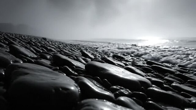 Black and white seaside landscape with shining sun over waves lapping pebble beach on a misty day