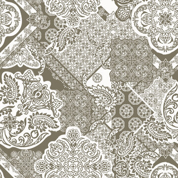 Vintage Bohemian Patchwork Seamless Pattern - White Paisley, Floral and Mandala Ornaments on Olive Green Background