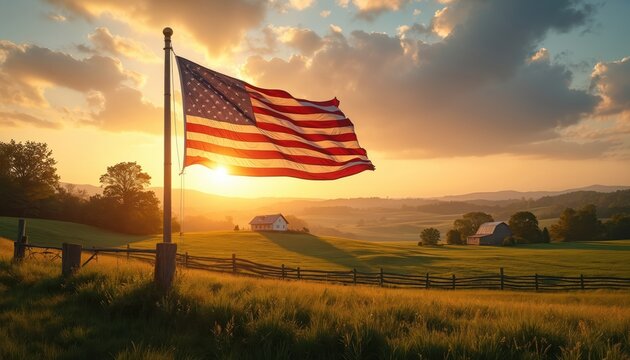 American flag waves over green rolling hills and farmland at sunset. A white house and barn are visible on the property. Golden hour light bathes the rural landscape.