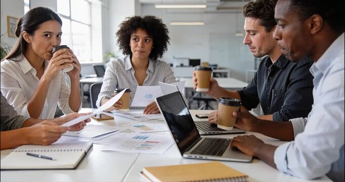 Diverse team in collaborative meeting with coffee and laptops