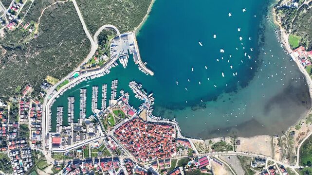 Aerial Drone View of Teos Marina and Sigacik Coastal Town in Izmir, Turkey &ndash; Aegean Sea Harbor and Scenic Village 4K