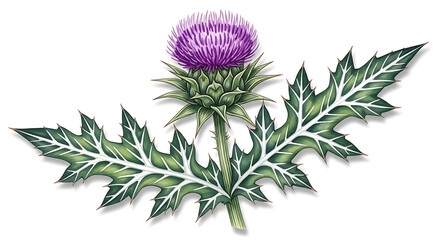 Fototapeta premium Watercolor of a blooming purple thistle plant with green spiky leaves purple flower green leaves