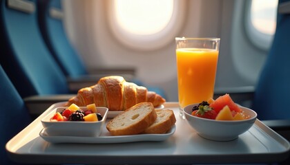 Naklejka premium Airplane breakfast tray with croissant fruit bowl and orange juice. Served on tray table inside cabin with seats in background. Morning light shines through window.