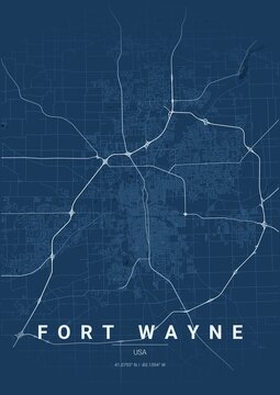 Architectural Fort Wayne City Map Poster, Blueprint Style Urban Street Grid Illustration