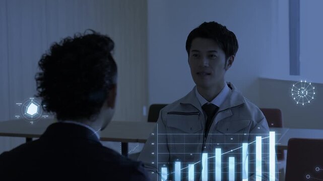 AIデータ分析を活用したビジネス対話マーケティングシーン　工場のdx化と作業着とスーツの男性の打ち合わせ動画　テクノロジーのモーショングラフィックス付き