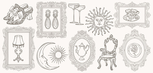 Obraz premium Vintage decorative line art set with ornate frames, antique objects, and elegant hand drawn illustrations