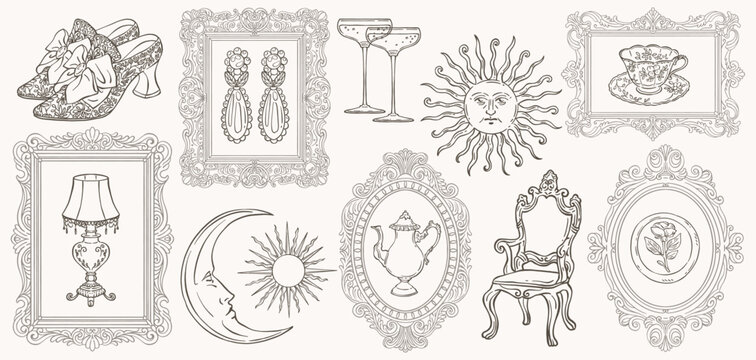 Vintage decorative line art set with ornate frames, antique objects, and elegant hand drawn illustrations