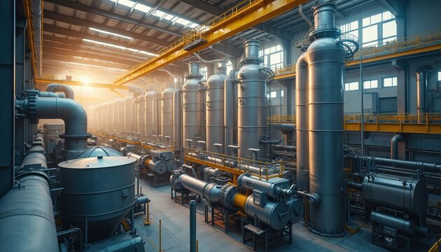 Large industrial facility with rows of dust collector tanks, pipelines. Huge ventilation system with large pipes, filters in modern factory setting. Heavy machinery, equipment for air purification.