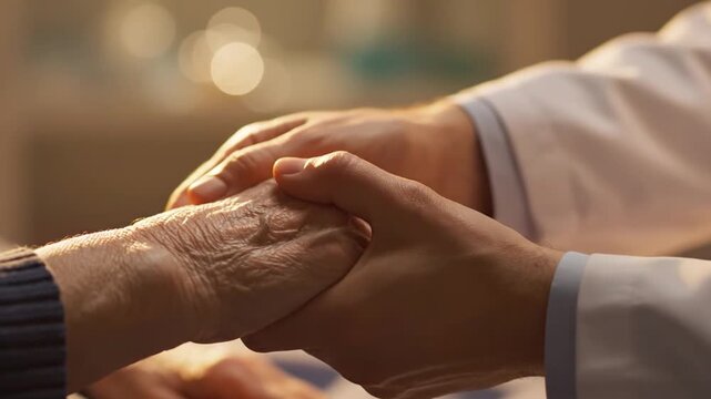 A doctor holds the hand of a patient in a medical room. This act of support shows trust and empathy during a health visit. The scene conveys a connection based on care