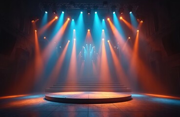 Fototapeta premium Empty stage with podium and stpic, illuminated by orange and blue spotlights creating dramatic atmosphere. Performers await their cue in theatre setting.