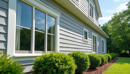 Naklejka premium Exterior of house with gray siding and white trim. Large windows reflect green trees and blue sky. Neat bushes and lawn are in front of the building. Modern residential architecture.