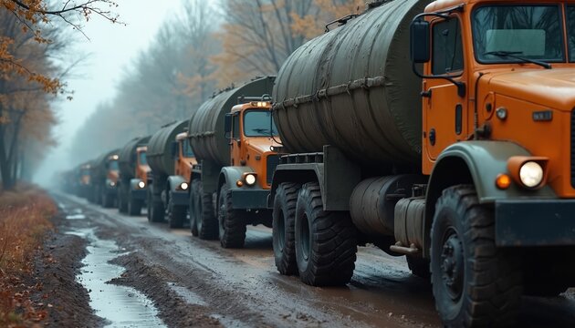 Military trucks drive on muddy autumn road. A convoy of fuel tankers moves through a forest with bare trees. The vehicles navigate a wet dirt path in overcast weather.