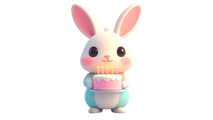 Fototapeta premium Cute Bunny Holding Birthday Cake, Adorable Rabbit Character Flat Vector Illustration in Pastel Colors Isolated on White Background