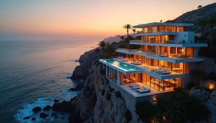 Fototapeta premium Modern luxury villa with infinity pool sits on ocean cliff at sunset. House has multiple levels balconies, ocean view, palm trees, warm interior lights.