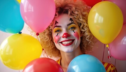 Naklejka premium Woman with clown makeup smiles holding colorful balloons. Curly blonde hair frames her happy face with bright yellow eye shadow and red nose. Festive celebration mood.