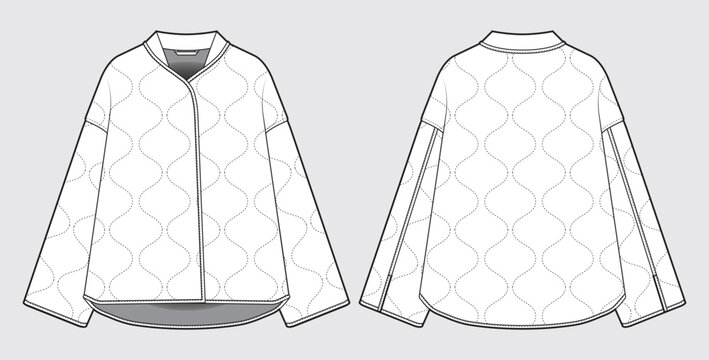 Women's Oversized Quilted Bell Sleeve Zip-Up Jacket Fashion Flat Sketch - Front and Back View