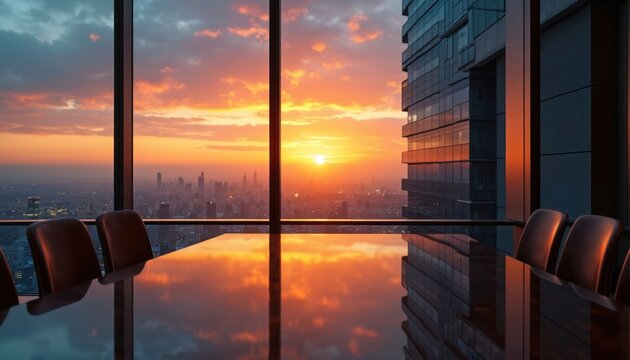 Empty conference room with polished table reflects a vivid sunset. City skyline views from high rise office window. Orange light glows through glass.