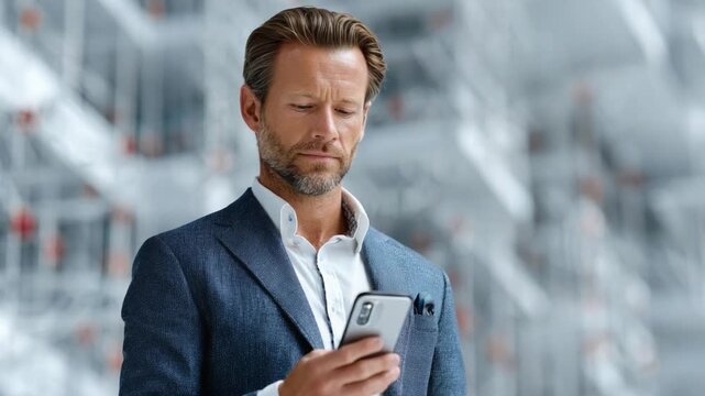 Focused Contemplation: A distinguished man in a suit, lost in thought, gazes intently at his mobile phone, a portrait of focused contemplation.