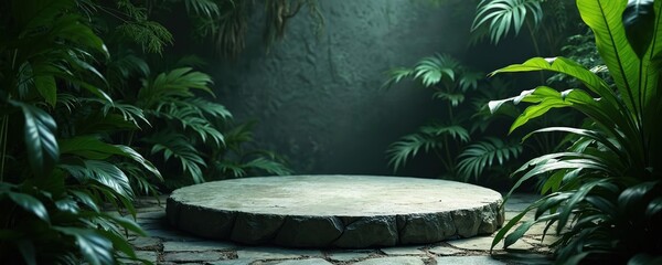 Naklejka premium Circular stone platform nestled among rich green jungle foliage, plants. Natural stone ground paving with plants, shadows create serene, organic backdrop for product displays nature themes. Tranquil