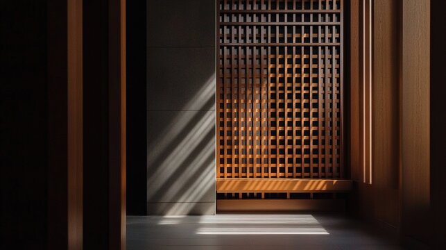 kneeler. The interior of an empty confessional booth with soft light entering through a wooden lattice. event programs, museum guides, designed for cultural heritage projects and event programs.