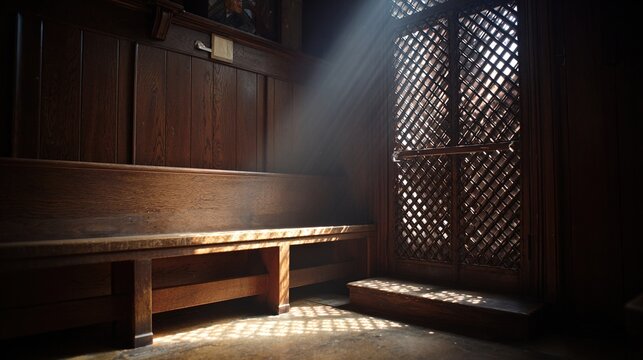 kneeler. The interior of an empty confessional booth with soft light entering through a wooden lattice. event programs, museum guides, designed for cultural heritage projects and event programs.