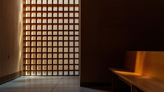 kneeler. The interior of an empty confessional booth with soft light entering through a wooden lattice. event programs, museum guides, designed for cultural heritage projects and event programs.