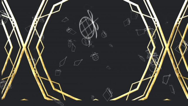 Animation of gold kaleidoscopic patterns and white christmas items floating on black background