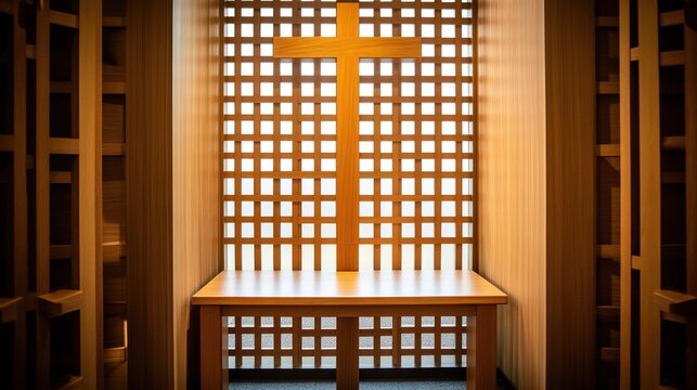 kneeler. The interior of an empty confessional booth with soft light entering through a wooden lattice. event programs, museum guides, designed for cultural heritage projects and event programs.