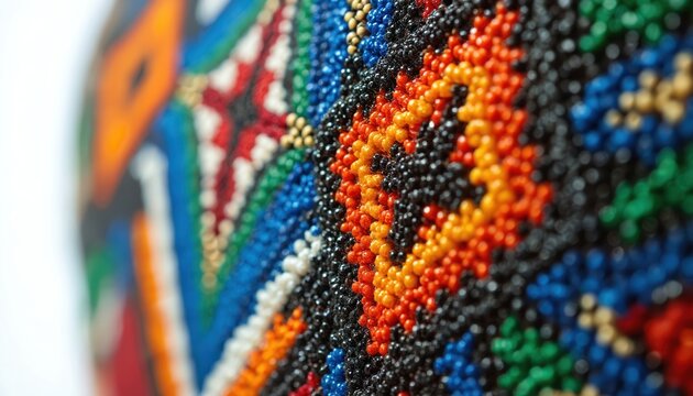 Close view of Zulu beadwork, a colorful traditional craft. Intricate geometric patterns made of small beads in vibrant hues. African art with detailed texture and authentic design.