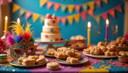 Fototapeta premium Festive Purim table with ornate mask, tiered cake, assorted cookies, lit candles, colorful bunting. Celebration spread includes sweet treats, traditional Jewish foods for joyous holiday gathering.