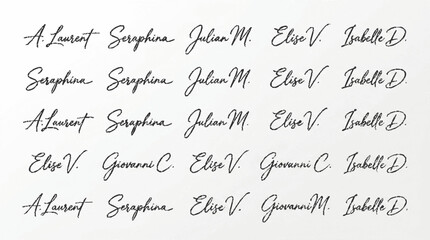 Naklejka premium Collection of 15 luxury handwritten signature sheets in elegant cursive script on white background