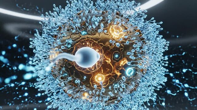 Abstract illustration of cell with surrounding digital sperm