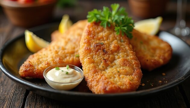 Golden fried fish fillets served with tartar sauce and lemon slices. A delicious seafood meal, perfect for dinner. Garnished with parsley for a fresh look. Healthy protein option on dark plate.