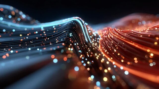 Digital Flow: A mesmerizing dance of light and energy. Fluid strands of data weave a captivating tapestry of connectivity, creating a vivid representation of the digital world.